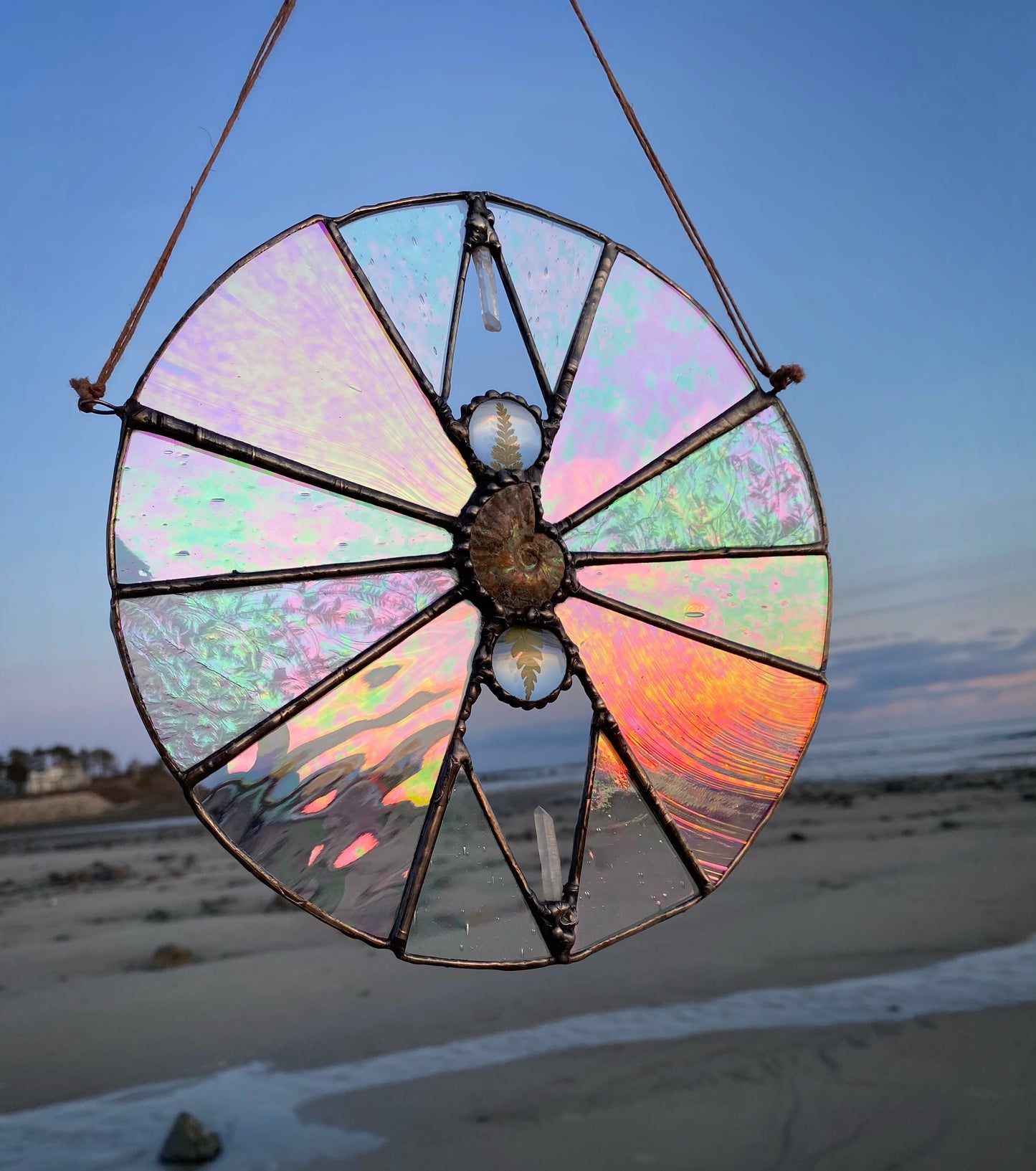 Iridescent Stained Glass with Ammonite, Quartz & Ferns