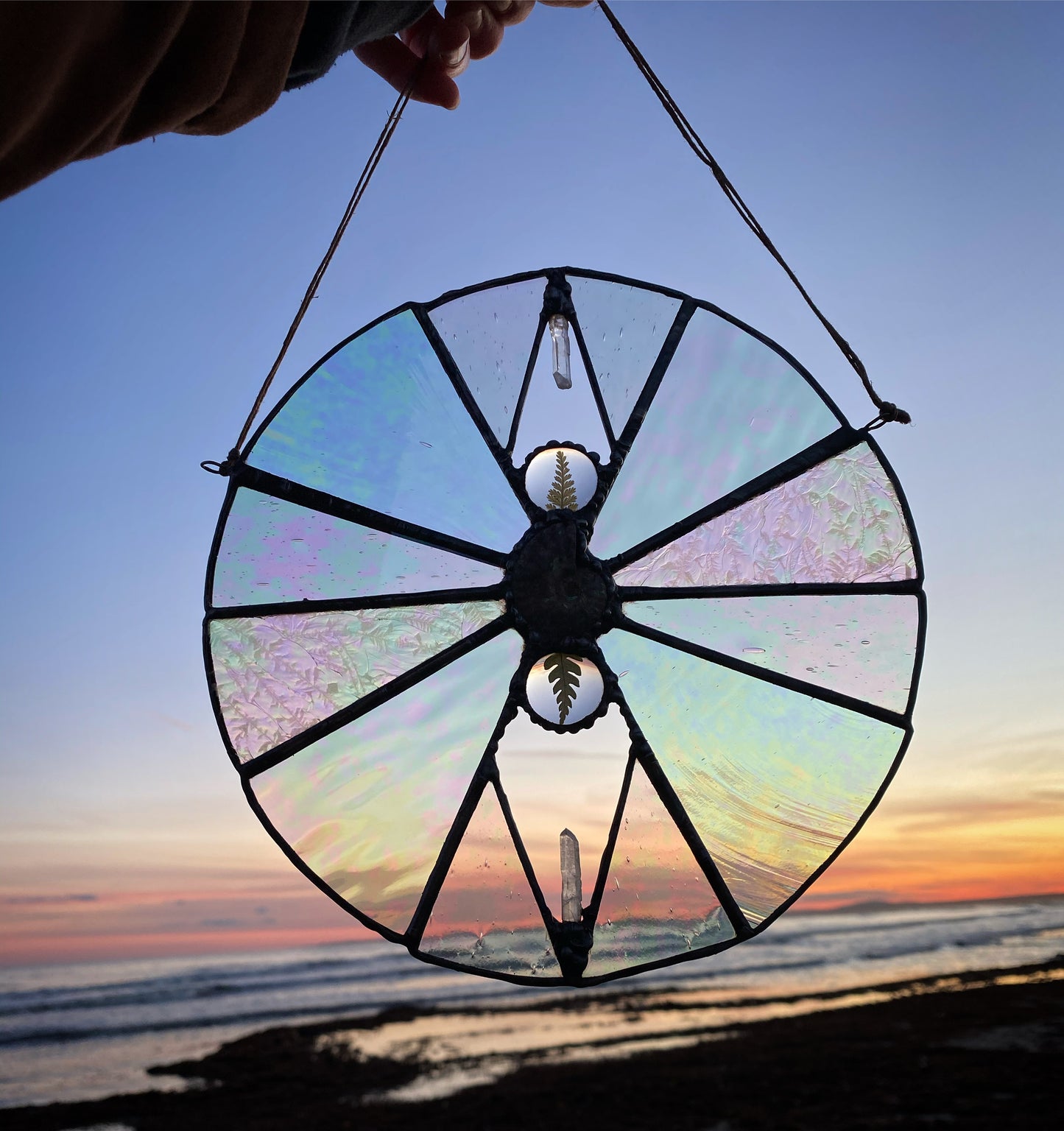 Iridescent Stained Glass with Ammonite, Quartz & Ferns