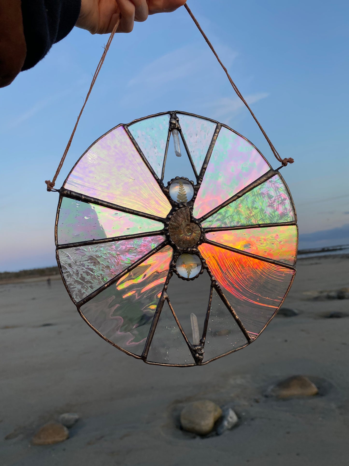 Iridescent Stained Glass with Ammonite, Quartz & Ferns