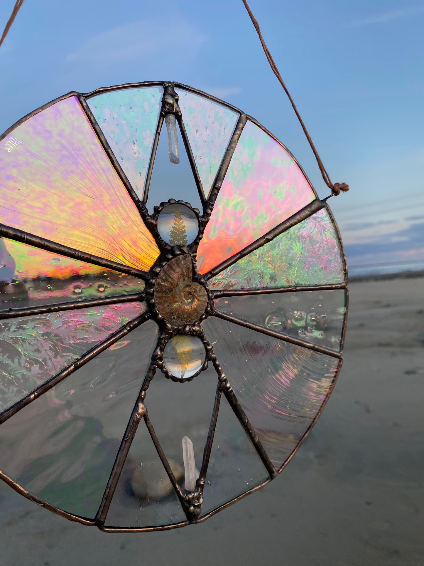 Iridescent Stained Glass with Ammonite, Quartz & Ferns