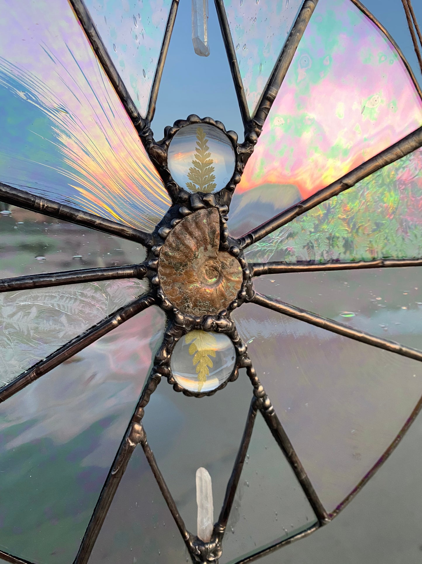 Iridescent Stained Glass with Ammonite, Quartz & Ferns