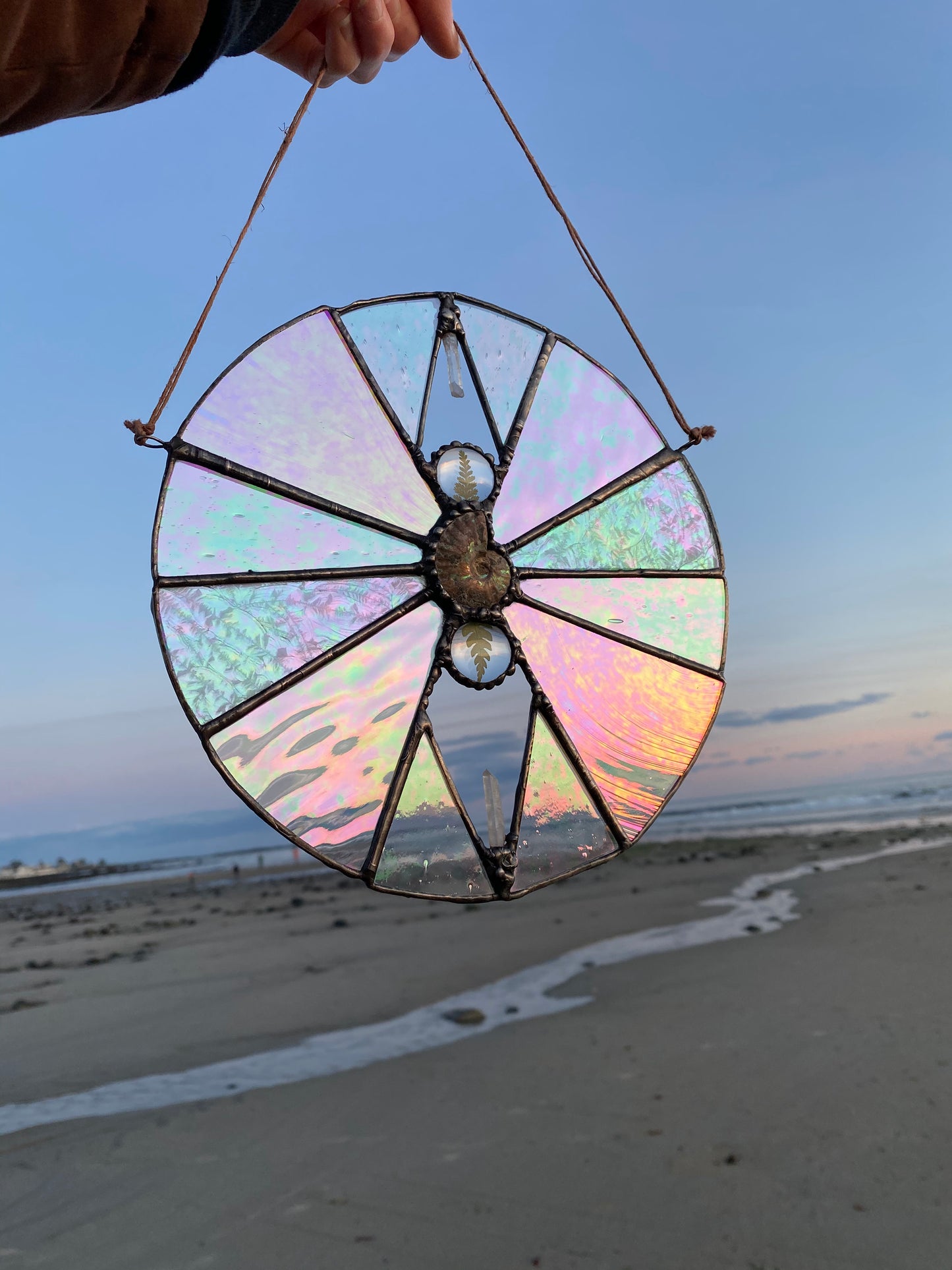 Iridescent Stained Glass with Ammonite, Quartz & Ferns