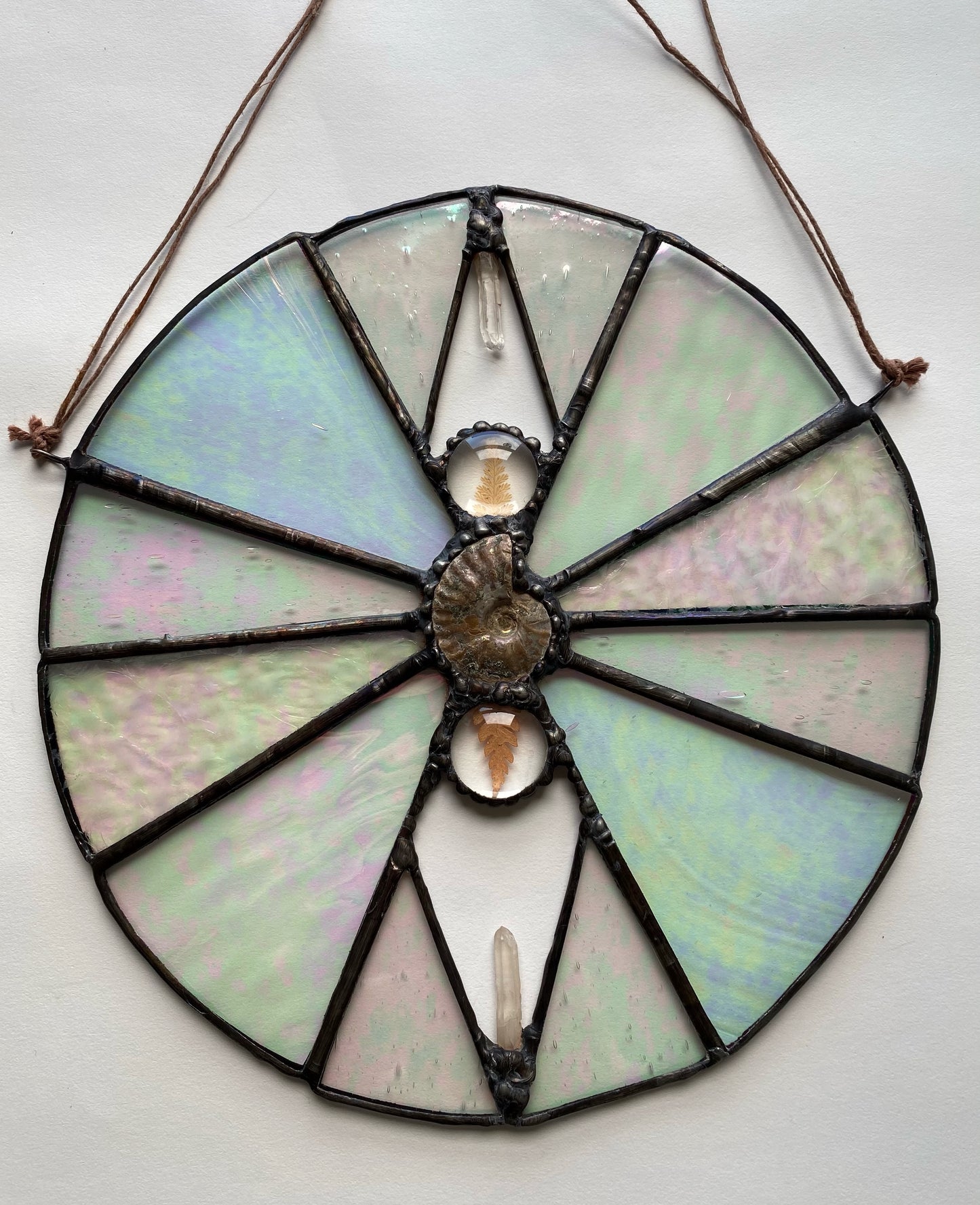 Iridescent Stained Glass with Ammonite, Quartz & Ferns