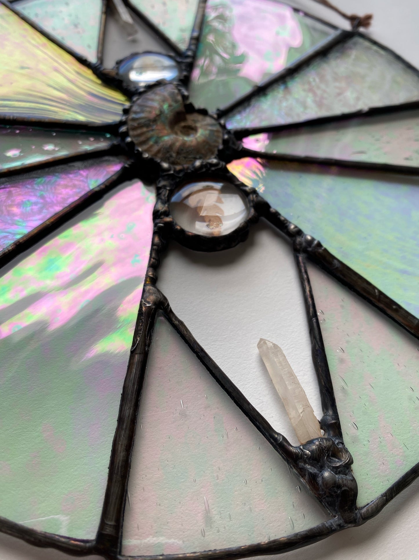 Iridescent Stained Glass with Ammonite, Quartz & Ferns