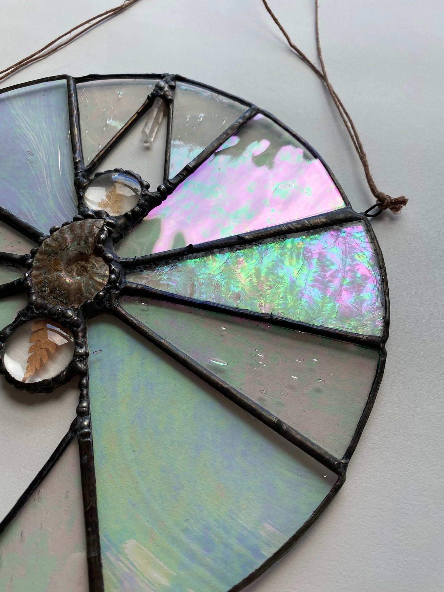 Iridescent Stained Glass with Ammonite, Quartz & Ferns
