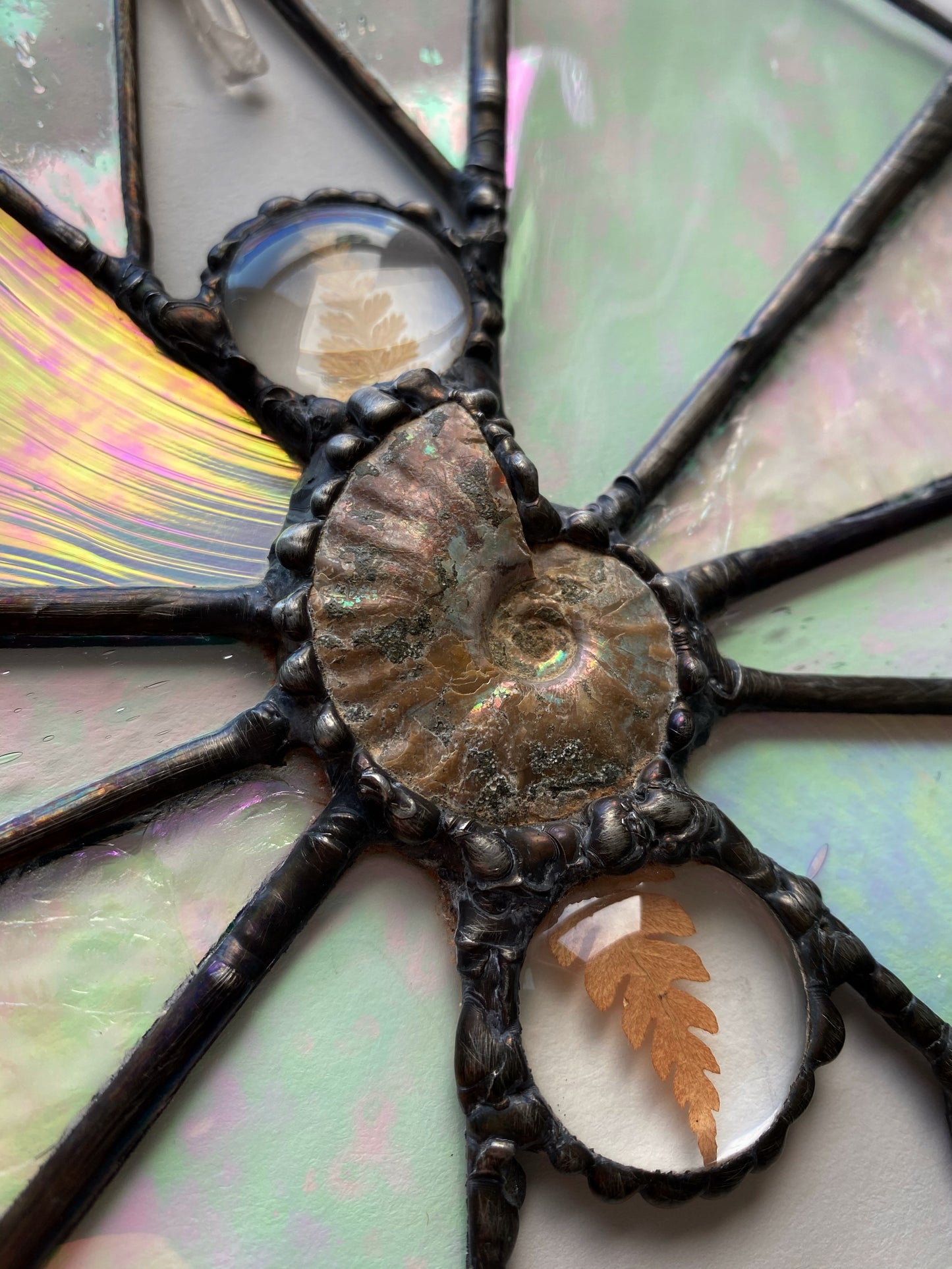 Iridescent Stained Glass with Ammonite, Quartz & Ferns