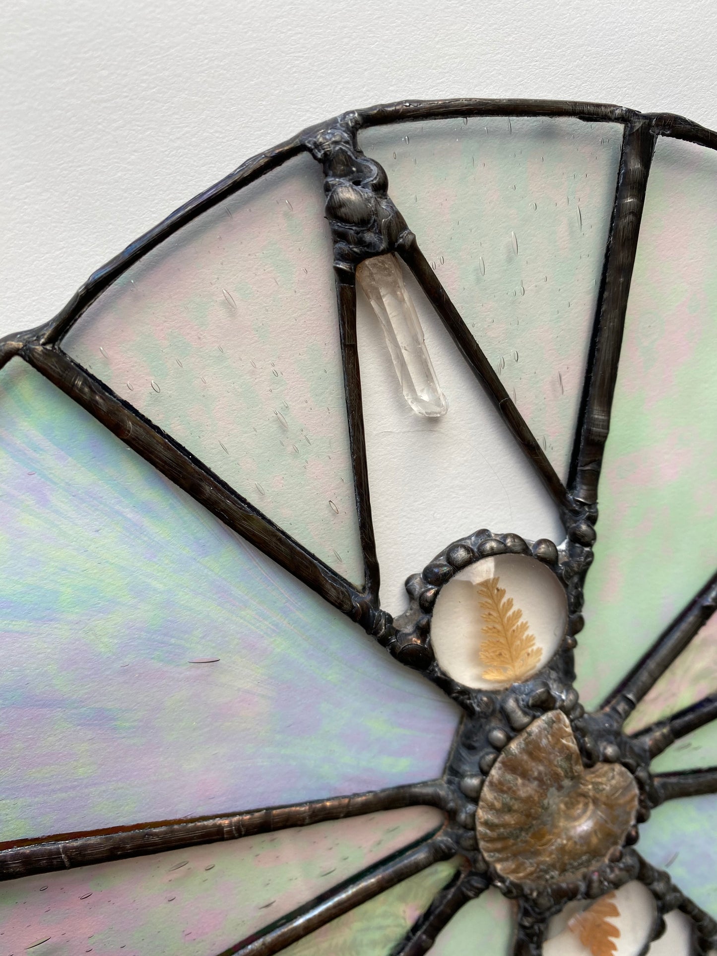 Iridescent Stained Glass with Ammonite, Quartz & Ferns