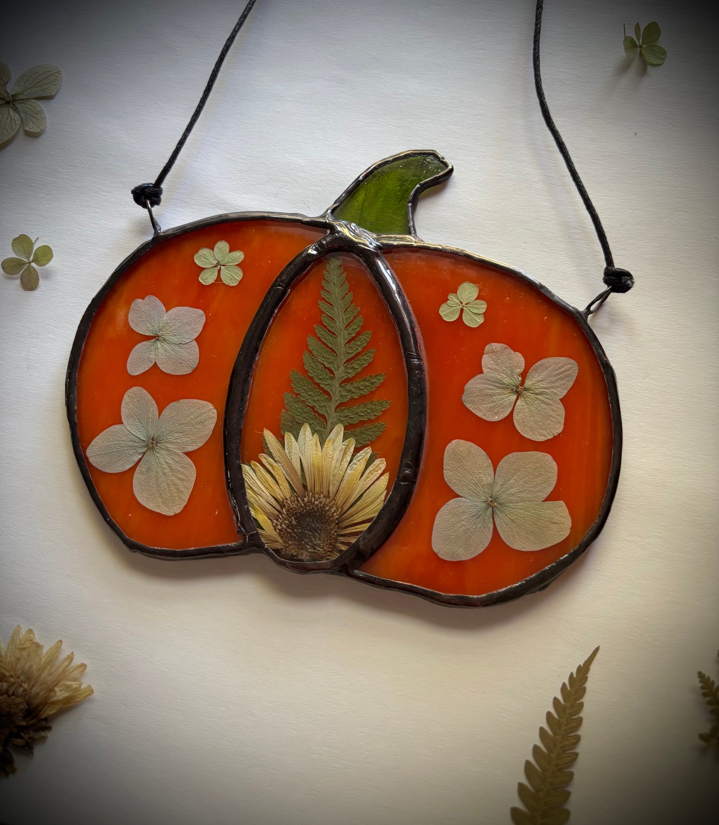 Stained Glass Pumpkin Suncatcher with Pressed Fern & Flowers