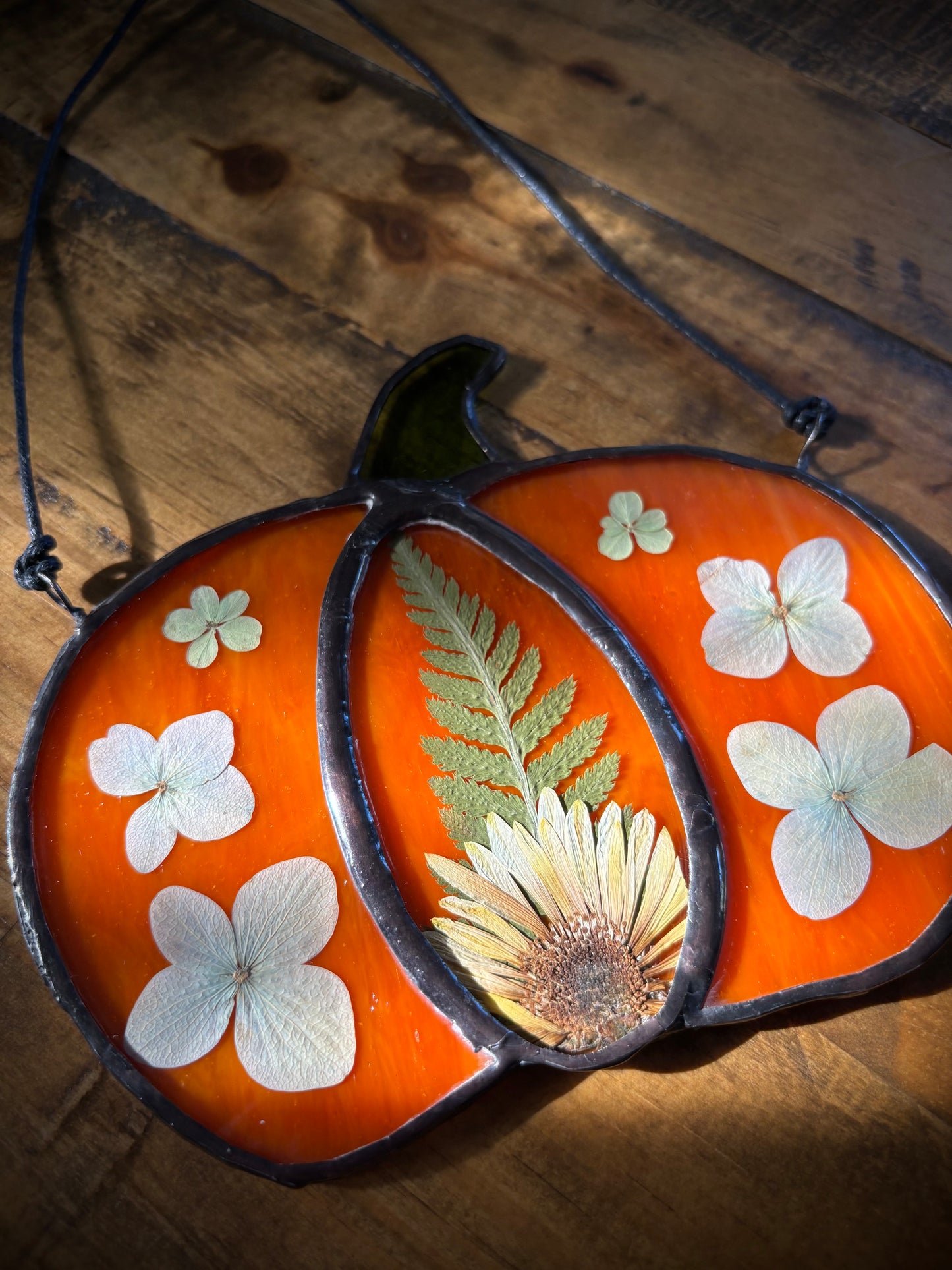 Stained Glass Pumpkin Suncatcher with Pressed Fern & Flowers