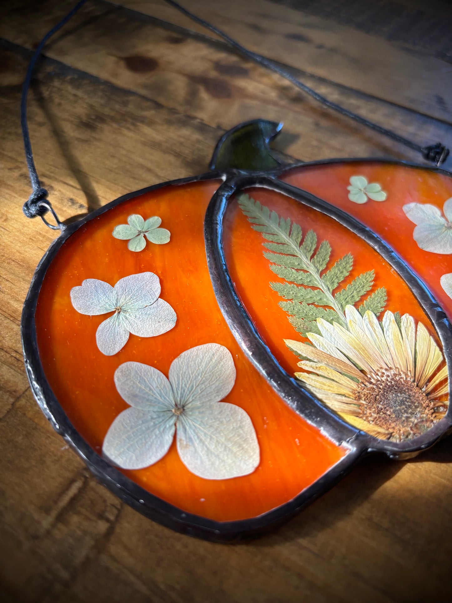 Stained Glass Pumpkin Suncatcher with Pressed Fern & Flowers
