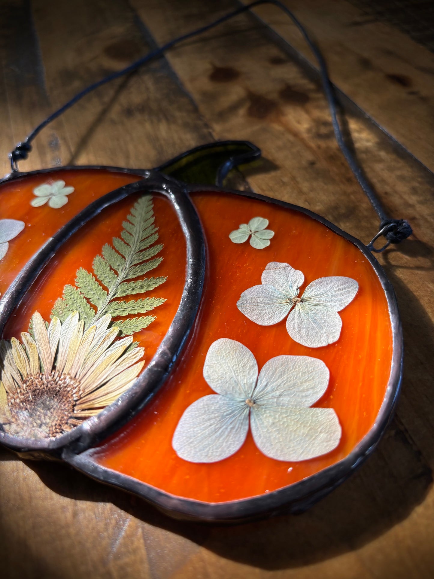 Stained Glass Pumpkin Suncatcher with Pressed Fern & Flowers