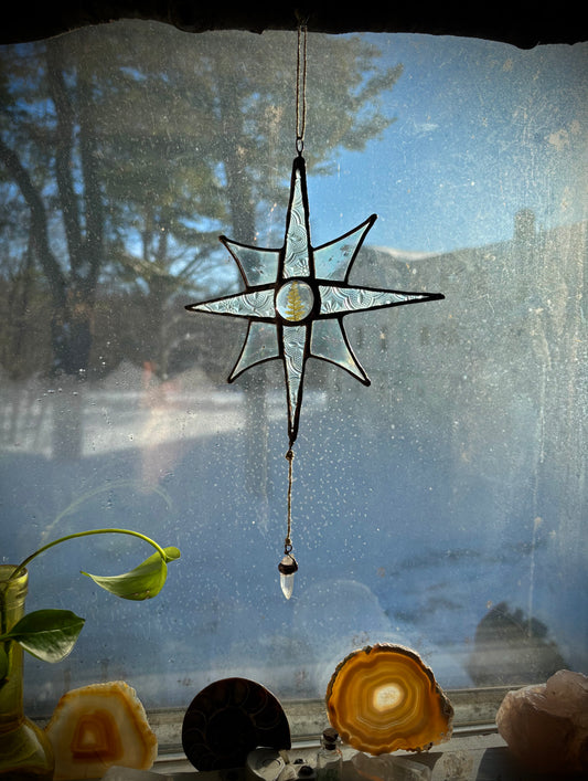 Nature Star Suncatcher with Pressed Fern and Quartz Crystal