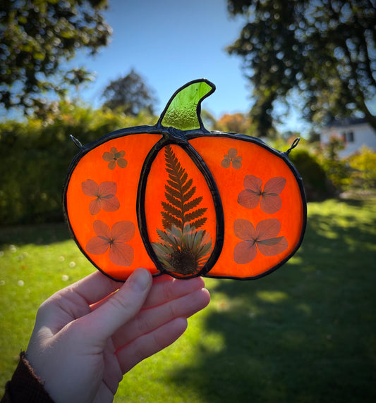 Stained Glass Pumpkin Suncatcher with Pressed Fern & Flowers